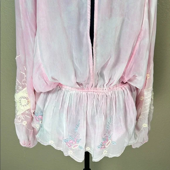 LoveShackFancy Pink Sheer Embroidered Blouse long Billowy Sleeves Size Large - Picture 5 of 10